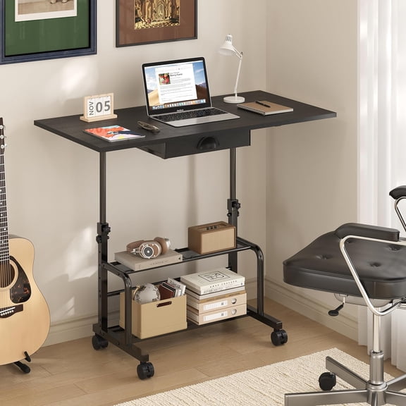 Adjustable Height Small Computer Desk with Drawers, Portable Rolling Desk for Seated Use, 32" Laptop Desk for Home Office Bedroom Living Room, Black