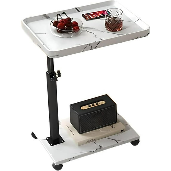 Adjustable Height Sofa Tray Table for Couch,360°Swivel TV Tray for Small Spaces,C Table End Table with Wheels for Eating, Livingroom, Bedroom, Sofa-Marble White,15.8" X 11.8" X 31.5"