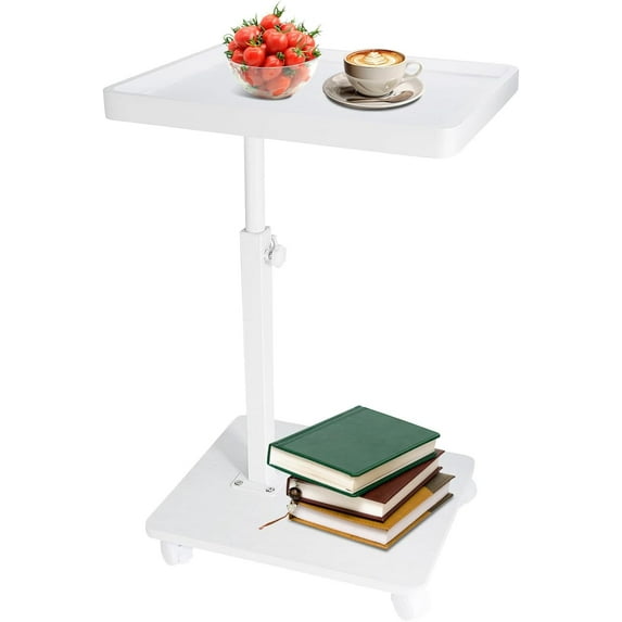 Adjustable Height Sofa Tray Table for Couch,360°Swivel TV Tray for Small Spaces,C Table End Table with Wheels for Eating, Livingroom, Bedroom, Sofa-White,15.8" X 11.8" X 31.5"