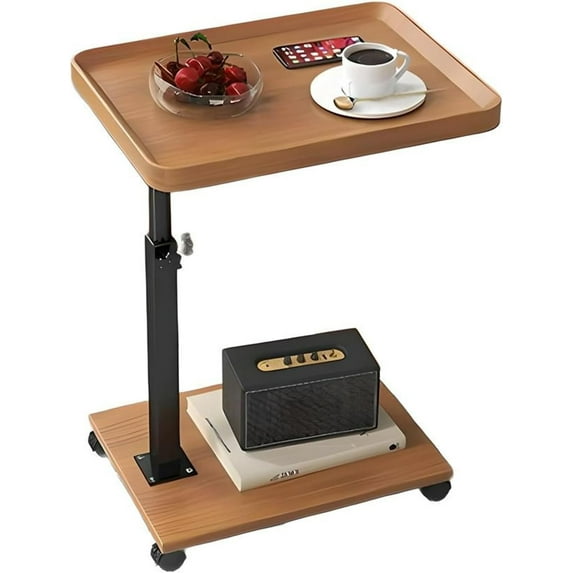 Adjustable Height Sofa Tray Table for Couch,360°Swivel TV Tray for Small Spaces,C Table End Table with Wheels for Eating, Livingroom, Bedroom, Sofa-Wood,15.8" X 11.8" X 31.5"