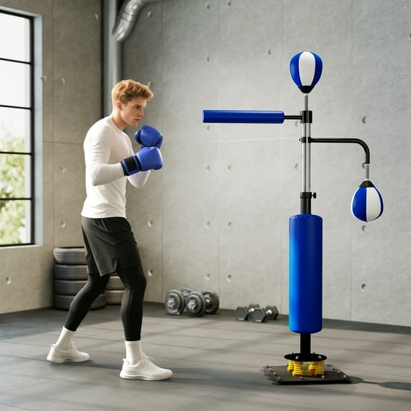 Adjustable Height Speed Punching Bag with Reflex Bar, 4.6'-6.7' Freestanding Boxing Bag with 12 Suction Cups Base, PU & Steel Punching Pad for Agility Training