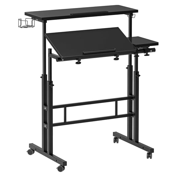 Adjustable Height Stand Up Desk with Cup Holder, Mobile Laptop Desk, 31.5 Inch, Black