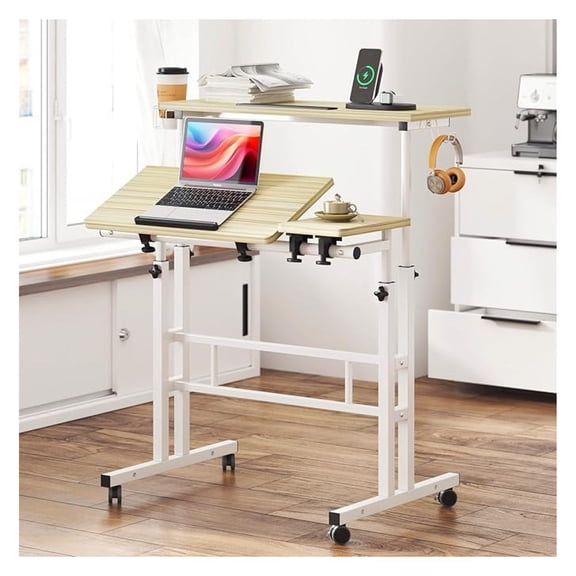 Adjustable Height Stand Up Desk with Cup Holder, Mobile Laptop Desk, 31.5 Inch, Maple