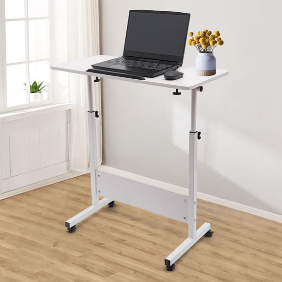 Adjustable Height Standing Desk, Rounded Corners and Edges Portable Laptop Desk, 
Wire Clip Rolling Computer Stand with Adjustable Height