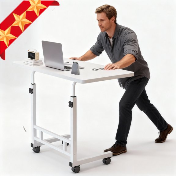 Adjustable Height Standing Desk-Storage rack and wood/ metal frame, space-saving mobile workstation for office, bedside, dorm, small space - easy to assemble (no tools required), white/ mixed colors