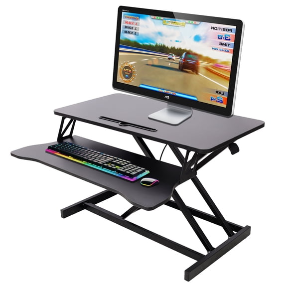 Adjustable Height Standing Laptop Desk with Keyboard Tray for Sit Stand Up Workstation, Black MDF+Steel Ergonomic Desk Riser 31.5L x 17W x 19.6H