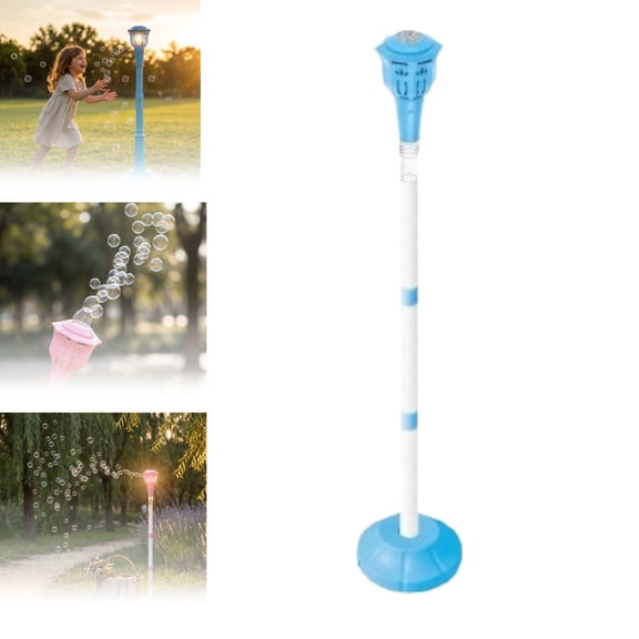 Adjustable Height Street Lamp Style Bubble Machine, Rechargeable Automatic Blower with LED Light, Continuous Bubbles for Outdoor Wedding Party Summer Fun Blue