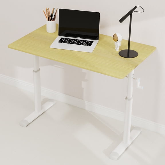 Adjustable Height Study Desk for Kids & Adults - Manual Crank Computer Desk, Compact 39" Writing Desk, White Frame & Wood Tabletop