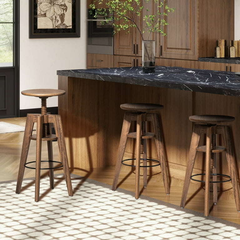 Adjustable Height Swivel Bar Stool, Industrial Rustic Solid Oak