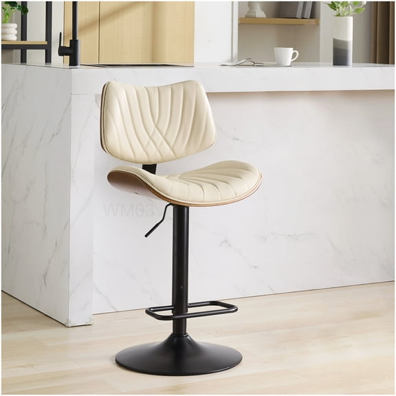 Adjustable Height Swivel Bar Stool with Walnut Bentwood Frame and Beige PU Leather Seat