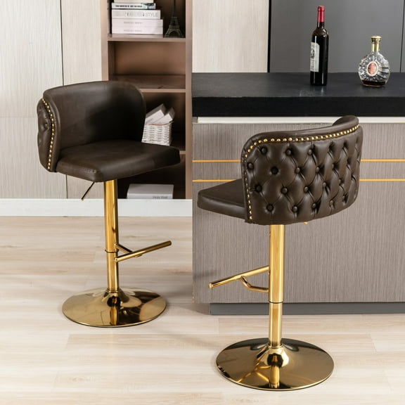 Adjustable Height Swivel Bar Stools - Modern Pu Upholstered With Back, For Home Pub And Kitchen ( Of 2, Brown Seat Height, Back , & (2