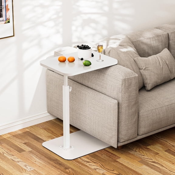 Adjustable Height Swivel Side Table for Couch, C-Shaped TV Tray with Metal Base and Wood Top, White