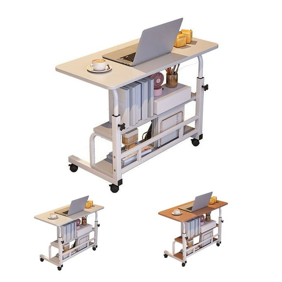 Adjustable Height Table Student Computer,Portable 3-Tier Home Office Furniture with Wheels,Small Spaces Mobile Desk with Storage for Corner Study Work Game