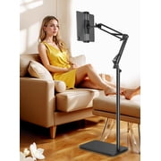 Adjustable Height Tablet Floor Stand with Double Heavy Duty Stable Base, Swivel Overhead Bed Tablet Phone Holder Never Tip Over, Compatible with 4.7-13 Devices for iPad, Kindle, Galaxy Tab, Cell