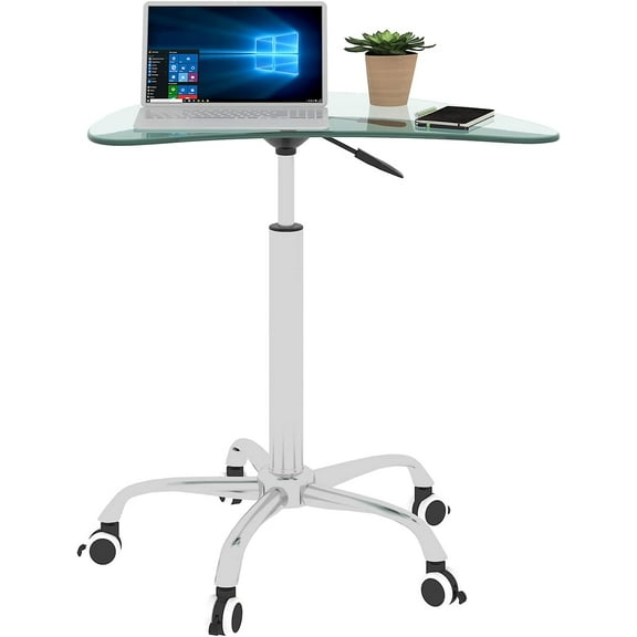 Adjustable Height Transparent Tempered Glass Table Desk Table with Lockable Wheels(Adjustable Range 24.2 "~32.7 ")