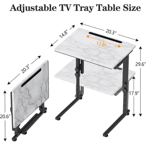 Adjustable Height Tv Tray Table, Portable Folding Snack Side Table with Sturdy MDF Top, C-Shaped End Table for Couch Bed No Assembly