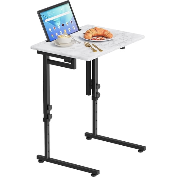 Adjustable Height Tv Tray Table,Portable Folding Tv Dinner Snack Table,Small Foldable C-Shaped End Table for Eating,Slide Under Couch Side with Sturdy MDF Top,No Assembly(White Marble+Black)