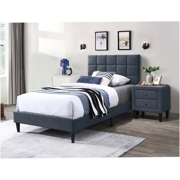 Adjustable Height Upholstered Twin Platform Bed Frame with Headboard, Charcoal Linen Fabric, No Box Spring Needed
