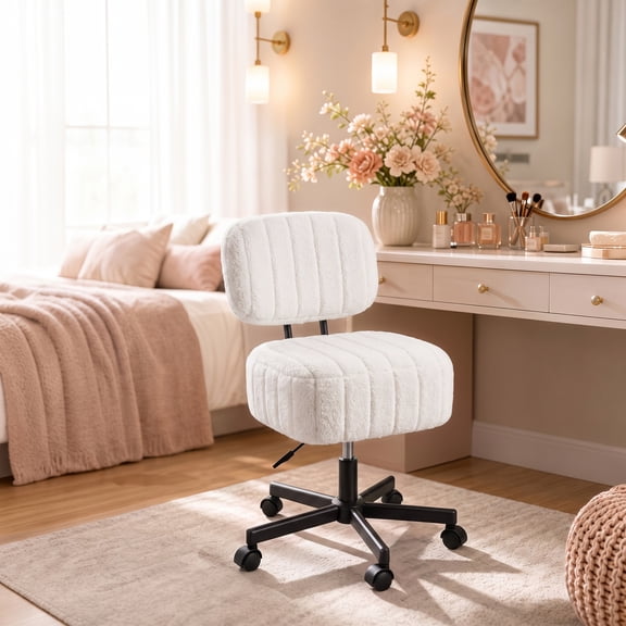 Adjustable Height Vanity Chair with Backrest, Plush Faux Fur Rolling Makeup Stool with Hidden Storage, Swivel Desk Chair for Bedroom Dressing Room, White