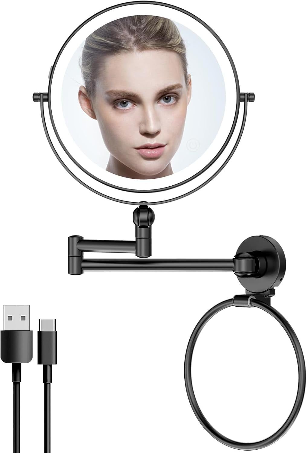 Adjustable Height Wall Mounted Makeup Mirror with Towel Ring, Double