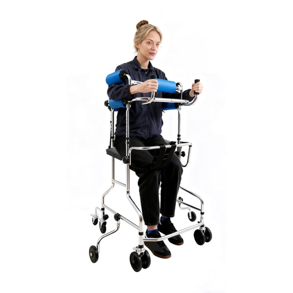 Adjustable Height Width Rehabilitation Walker 8 Brake Wheels Carbon Steel Mobility Walking Aid with Infusion Stand for Elderly Postoperative Patient
