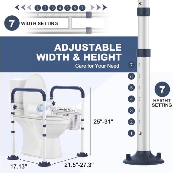 Adjustable Height & Width Toilet Safety Rails, 350 lb Capacity Foldable Frame and Handles for Elderly and Disabled, Universal Fit for Any Toilet