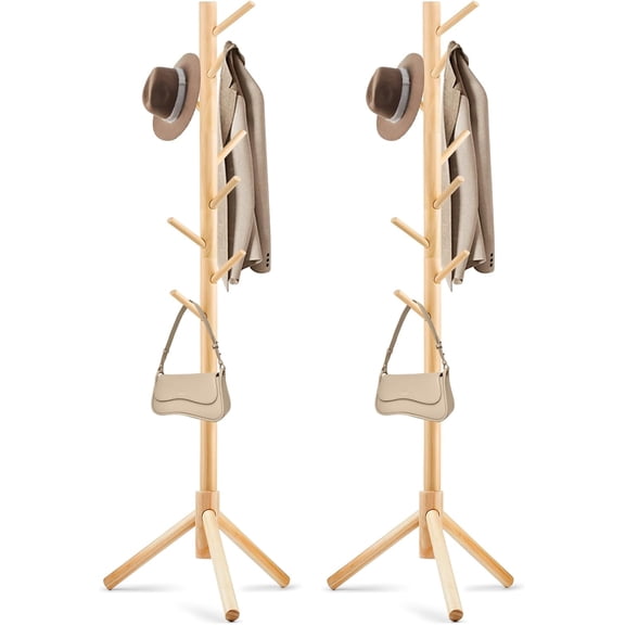 Adjustable Height Wooden Coat Rack, New Zealand Pine Freestanding Garment Rack with 8 Hooks, Stable Tripod Base, Tool-Free Assembly Clothes Stand for Entryway, Bedroom and Office, 3 Adjustable Height