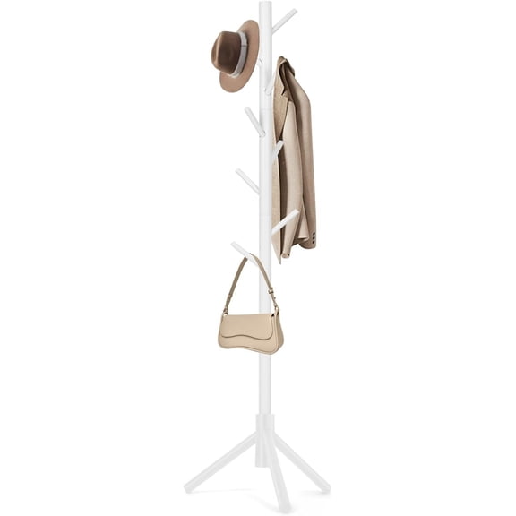 Adjustable Height Wooden Coat Rack, New Zealand Pine Freestanding Garment Rack with 8 Hooks, Stable Tripod Base, Tool-Free Assembly Clothes Stand for Entryway, Bedroom and Office, 3 Adjustable Height