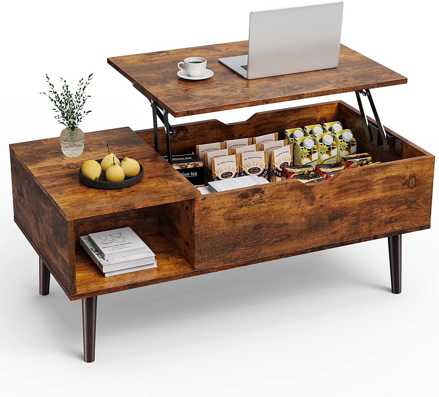 Adjustable Height Wooden Coffee Table with Hidden Compartments and