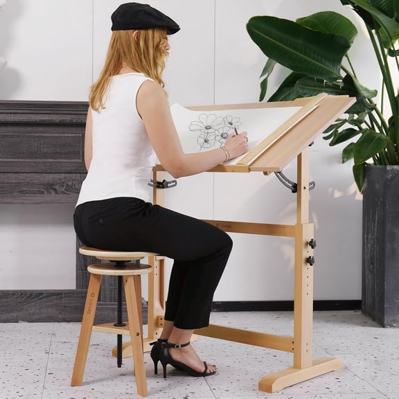 Adjustable Height Wooden Drafting Stool 19" to 26", Beech Wood Artist Stool for Drafting, Painting, Office, Studio, Kitchen, Bar, and Home Use