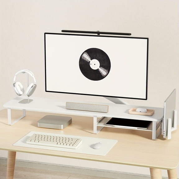Adjustable Height Wooden Monitor Stand with Side Tablet Holder, Rectangular Laptop & Monitor Riser with Storage Organizer, Ergonomic Desktop Stand for Office, Home & School Workstations