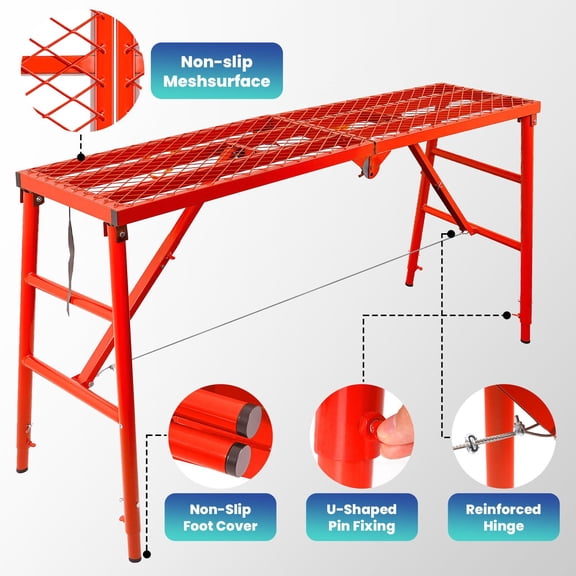 Adjustable Height Work Platform, 69" x 15" Red Steel Scaffolding Platform, Portable Scaffolding, 800 lb Load Capacity, with Non-Slip Rubber Feet, for Cleaning, Setup, Maintenance.
