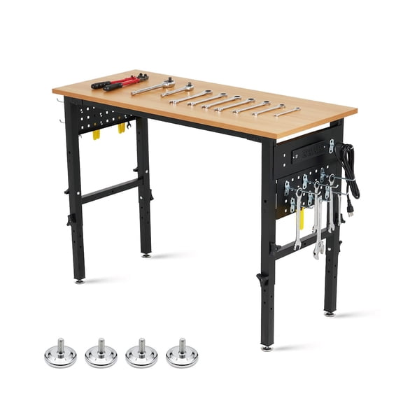 Adjustable Height Workbench,48" Heavy-Duty Hardwood Worktable with Power Outlets&Metal Frame,2200 LBS Load Capacity Garage Workbench with Non-Slip Foot Pad for Workshop,Garage