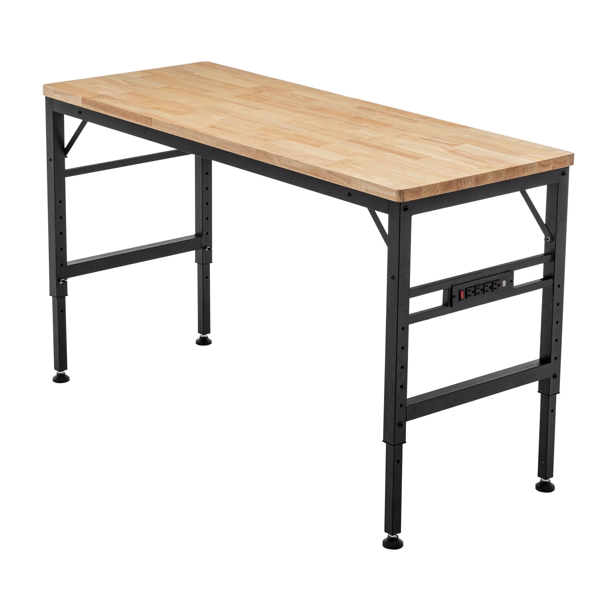 Adjustable Height Workbench, 60" Rubber Wood Top Heavy Duty Workstation with Power Outlets, 2000 LBS Load Capacity Hardwood Worktable for Workshop, Garage, Office, Home, Commercial