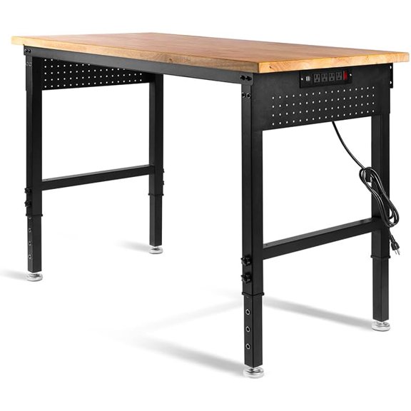Adjustable Height Workbench, Heavy Duty Table Rubber Wood Workstation with Power Outlet & Pegboard for Garage, Office, Workshop, Home,Commercial (48"×24")