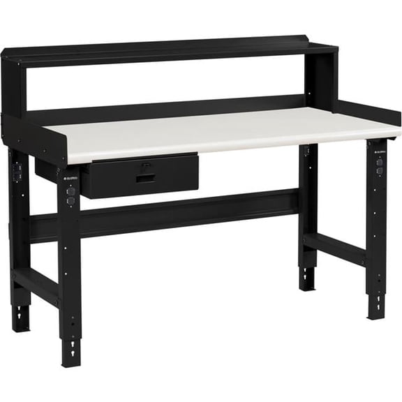 Adjustable Height Workbench with Drawer & Riser, Plastic Laminate Safety Top - Black - 60 x 30 in.