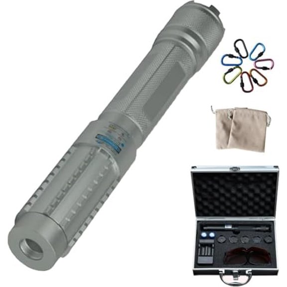 Adjustable High Power Blue Burning Light, Long Range Handheld Flashlight with Adjustable Focus, Multi Pattern Star Caps & Gift for Camping, Hunting, Fishing & Adventures(Silver-Aluminum Case)