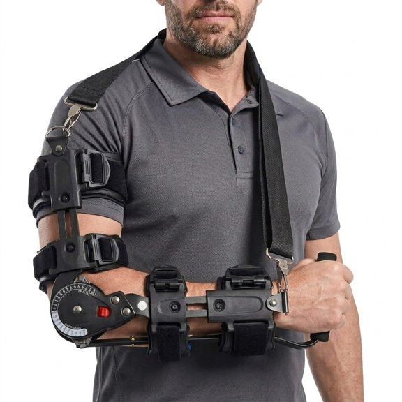 Adjustable Hinged Elbow Brace for Post-Op Recovery and Rehabilitation Customizable Length Support Stabilizer for Arm Injury Fracture, and Ligament Support