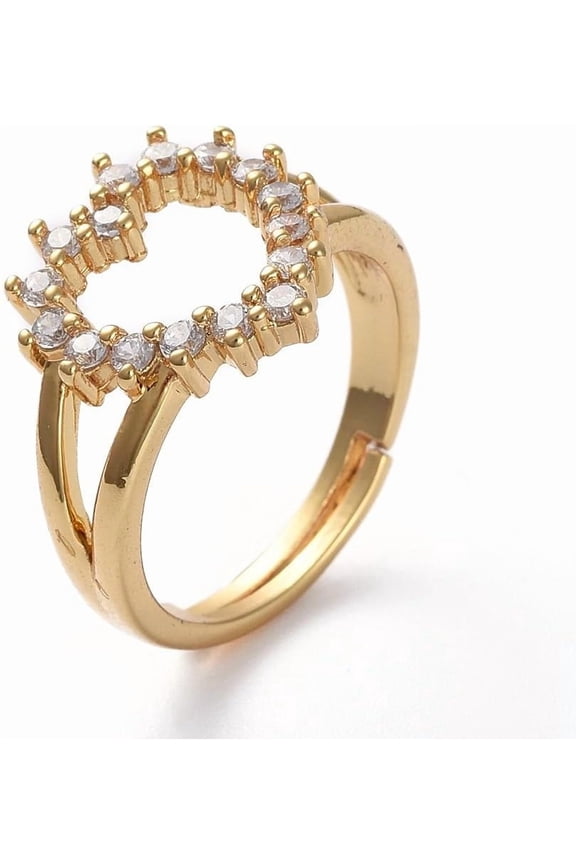 Adjustable Hollow Heart Brass Ring Micro Pave Cubic Zirconia Golden US Size 7 17mm Inner Diameter Romantic Wedding Jewelry Gift for Women Elegant Dainty Stylish Ring for Engagement Party Daily Wear