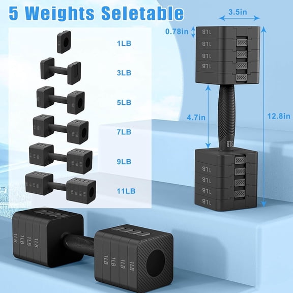 Adjustable Home Gym Dumbbells – 5-in-1 Hand Weight Set 3-11 LB for Women and Men Fitness Training