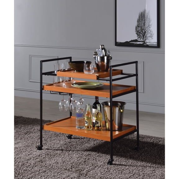 Adjustable Honey Oak & Black Serving Table, Stemware Rack Included, 3 Open Storage Compartments, 4 Wheels For Easy Movement, Strong Metal Frame, Dining Room Furniture