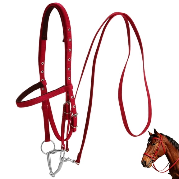 Adjustable Horse Bridle with Bit, Large Nylon Horse Headstall Reins, Riding Bridle with Padded Crown and Noseband, Quick Release Buckle for Horses Over 4.3 ft Shoulder Height, Red