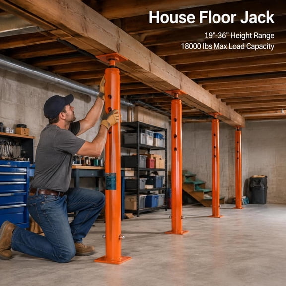 Adjustable House Floor Jack 19-36 In, 18000 Lbs Capacity, Heavy Duty Steel Telescoping Support Beam, Leveling Post for Crawl Space, Foundation Repair, and Construction, Ideal for Sinking Floor Stabil