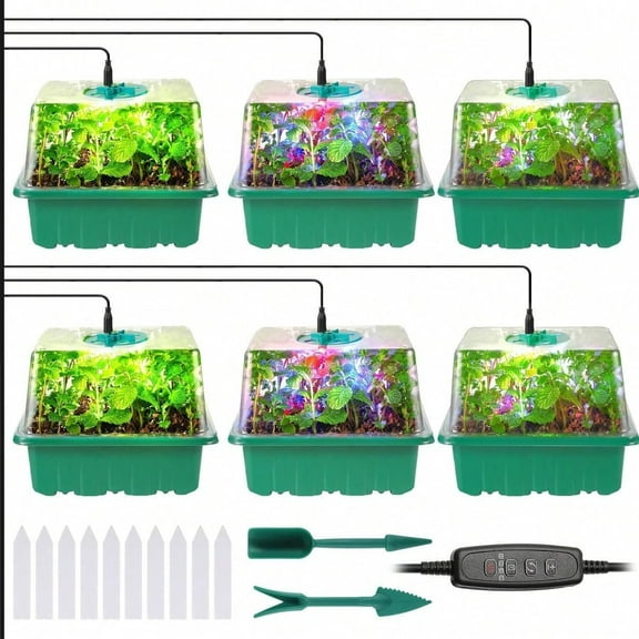 Adjustable Humidity Seed Starter Trays with Grow Light, 6-Pack Seed Starting Kit with Timer & Dimmable Lights, High-Dome Humidity Lids, Extra-Thick Seedling Trays for Indoor Gardening(6 Pack)