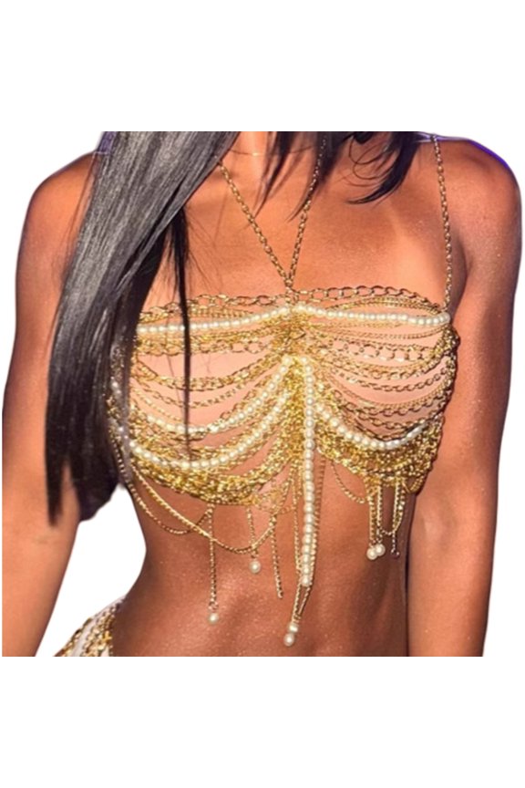 Adjustable Imitation Pearls Metal Body Chain Layered For Women Casual Outfit