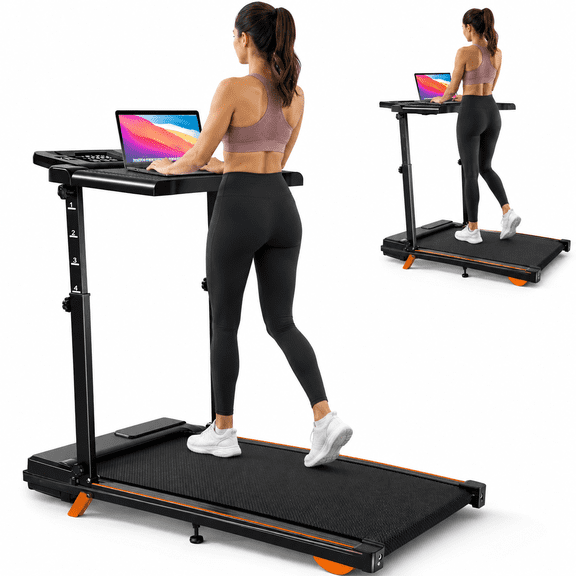 Adjustable Incline Walking Pad Treadmill with Handle Bar & Work Desk, Foldable Portable Home Fitness Running Machine