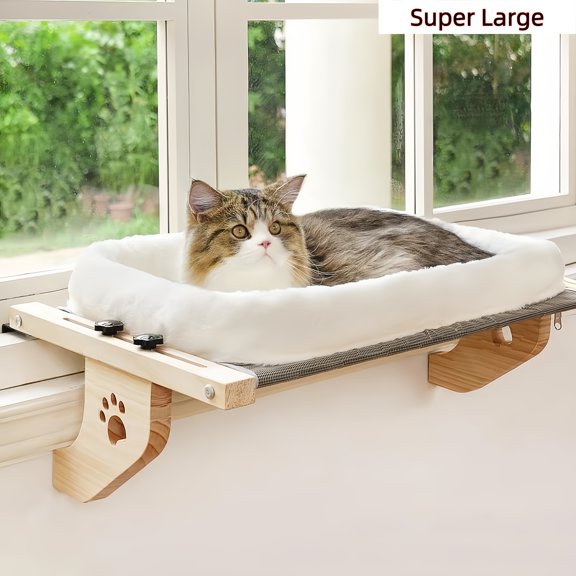 Adjustable Indoor Cat Window Perch Hammock - Sturdy Frame with Paw Print Design, Simple Installation, Fits Window Sills, Beds, and Cabinets - Spacious Pet Lounging Spot for Cats