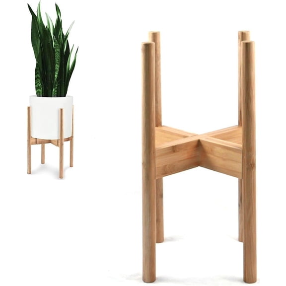 Adjustable Indoor Plant Stand 8 to 12 Inch Mid Century Bamboo Stand with Two Heights and Plug-In Design
