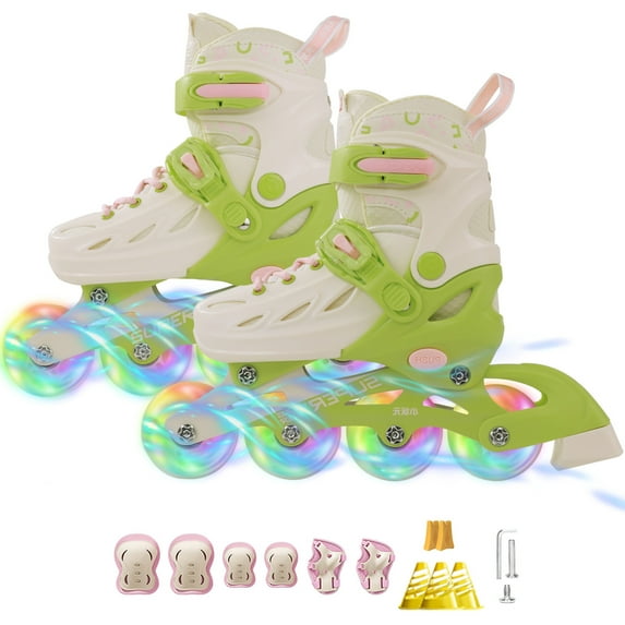 Adjustable Inline Skates with Light up Wheels, Outdoor Roller Skates for Kids Girls Boys Youth Beginners (Large, Green)