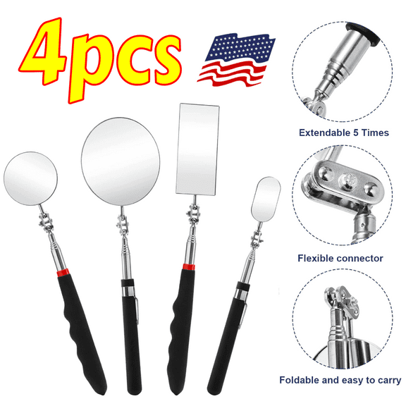Adjustable Inspection Mirror Set, 4 Pack Telescopic Flexible Mirror with Handle for Vehicle, Machinery, and Maintenance Work (Extends to 25 Inch)